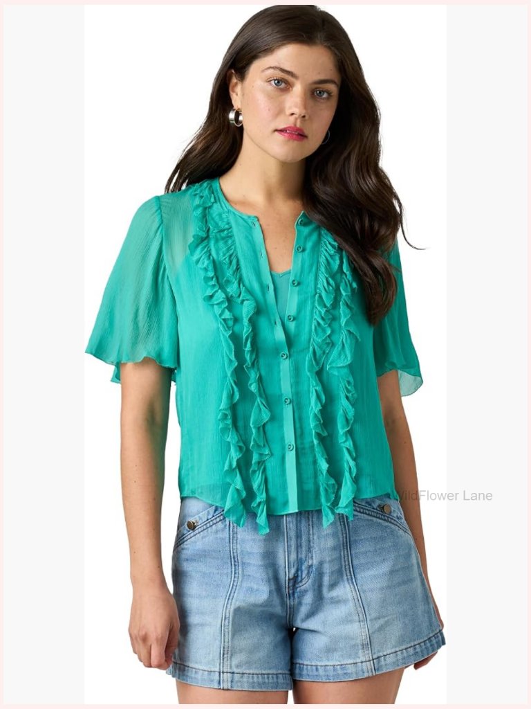 Ruffle Blouse Button-Down Top Short Sleeve Lightweight Polyester Blouse Work Top